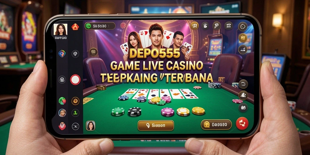 Tampilan gameplay DEPO555 yang menggembirakan dengan dealer langsung dan suasana kasino.