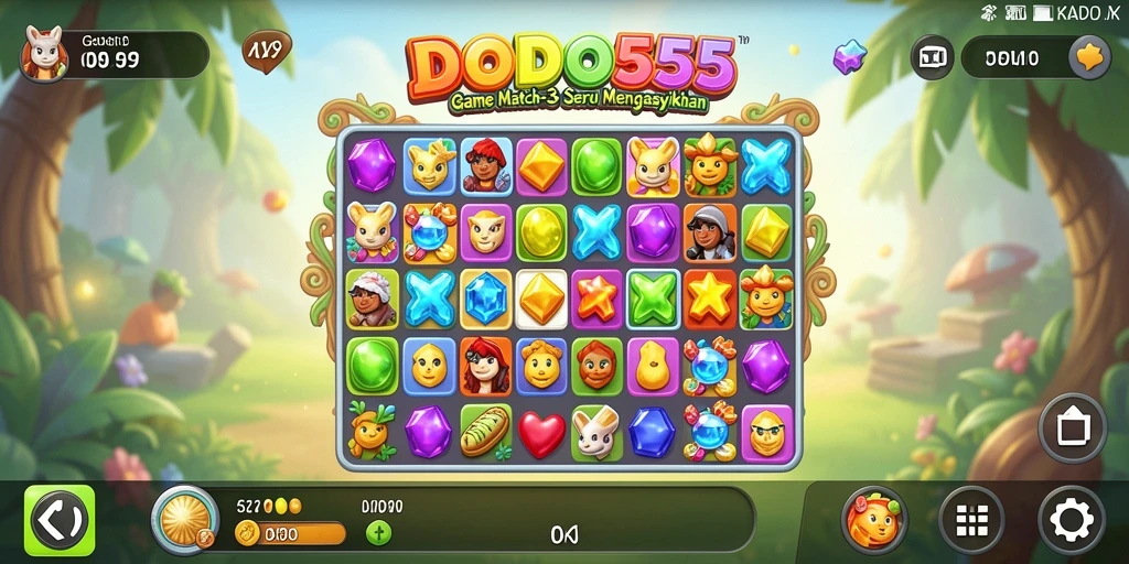 Screenshot DODO555 menampilkan gameplay penuh warna dan tantangan Match-3 yang menarik.