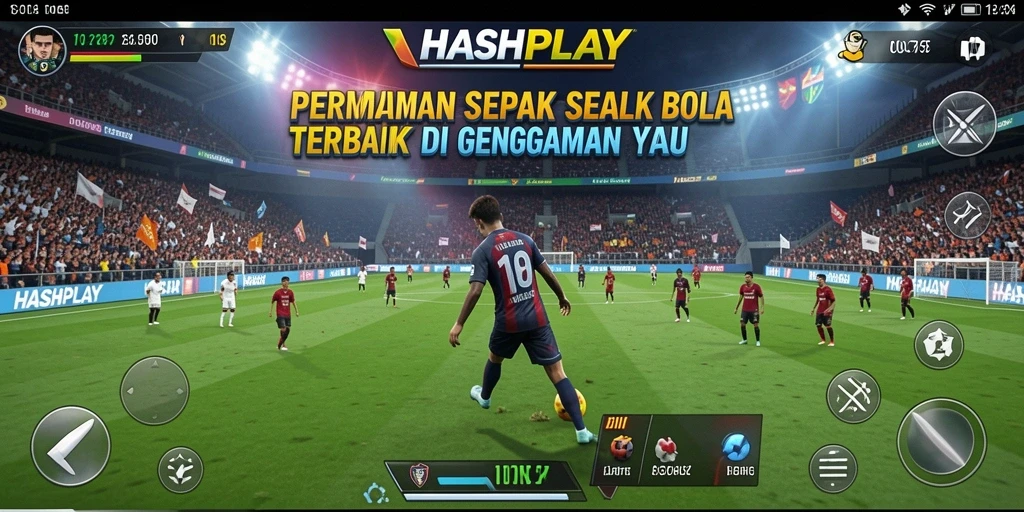 Tampilan gameplay menegangkan dalam HASHPLAY dengan aksi sepak bola yang seru.