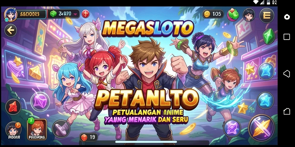 Screenshot gameplay MEGASLOTO dengan karakter Anime yang dinamis.